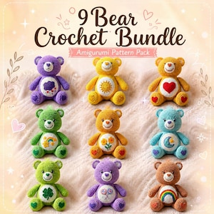 Peut inclure: Neuf amigurumis ours au crochet colorés, chacun avec des motifs uniques comme un cœur, un arc-en-ciel et un trèfle. Les ours sont disposés sur une surface douce et texturée. Le texte "9 Bear Crochet Bundle" est en haut.