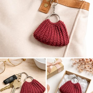 May include: A burgundy crochet purse keychain with a silver ring, attached to a cream-colored tote bag. The keychain is also shown with keys and in a gift box, showcasing its potential as a gift.
