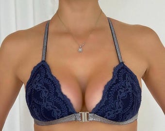 Marineblauwe kanten bralette – lingerie-bh met sluiting aan de voorkant – bralette hartvormig detail op de achterkant – romantische doorschijnende kanten bralette voor dames