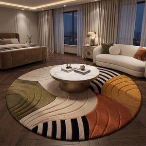 May include: A large circular area rug featuring a textured, multi-colored pattern of olive green, cream, burnt orange, and black stripes. The design consists of curved, raised sections that create a wave-like effect across the surface of the rug.