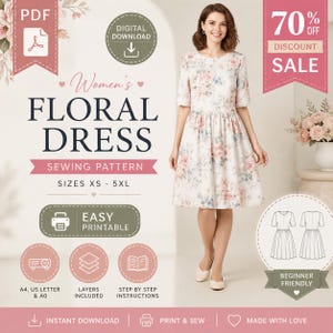 Pode incluir: Um molde de costura digital para um vestido floral com base branca e estampa de flores rosas e azuis. O molde inclui tamanhos de XS a 5XL, é fácil de imprimir e contém instruções passo a passo para iniciantes.