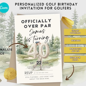 May include: A personalized golf-themed birthday invitation card featuring a watercolor illustration of a golfer on a course, the text "OFFICIALLY OVER PAR", "James is TURNING 40", "SAT 22 JUNE", "RSVP", and "STILL PLAYABLE. JUST DON'T ASK ABOUT THE BACK NINE."