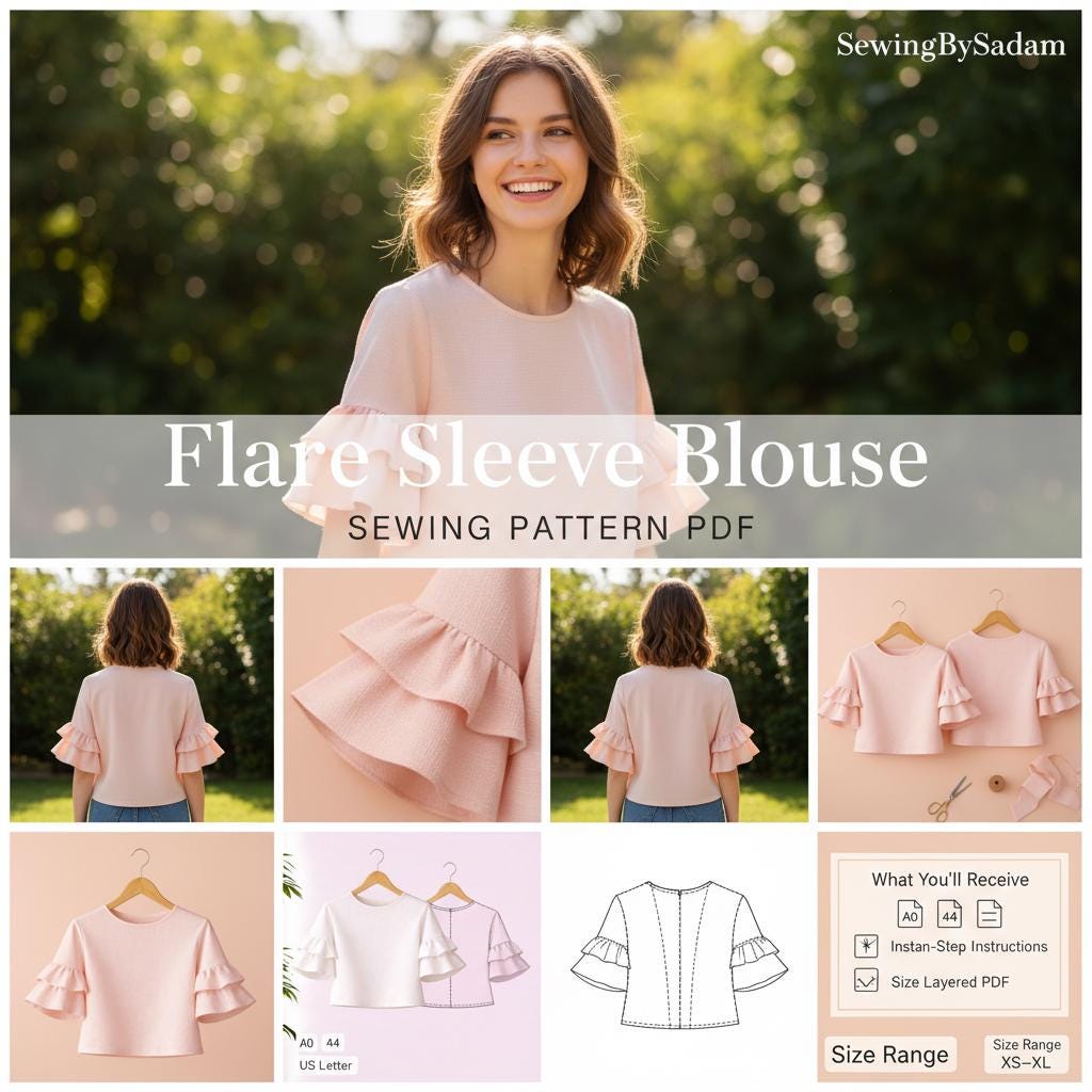 Flare Sleeve Blouse Sewing Pattern PDF | Women’s Statement Sleeve Top ...