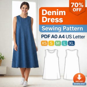 Puede incluir: Un vestido de mezclilla sin mangas con cuello redondo. La imagen incluye un patrón de costura con el texto "Denim Dress Sewing Pattern" y las tallas XS, S, M, L y XL. Se muestra una promoción del 70% de descuento.