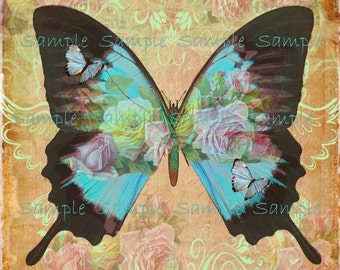 INSTANT DOWNLOAD - Butterfly Art No. 2 - Altered  Digital Printable Collage Sheet - Wall Art - Frame and Hang - Transfer Image - Hang Tags