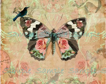 INSTANT DOWNLOAD Butterfly Art No. 1 - Altered  Digital Printable Collage Sheet - Wall Art - Frame and Hang - Transfer Image - Hang Tags