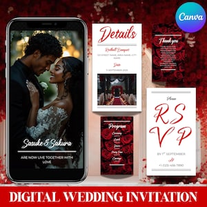 Può includere: Invito di nozze digitale con foto di coppia su smartphone. Include dettagli, programma, RSVP e biglietti di ringraziamento. Il design incorpora rose rosse e tipografia elegante. Il testo recita "Sasuke & Sakura ARE NOW LIVE TOGETHER WITH LOVE."