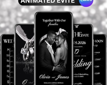 Luxury Wedding Invitation Video, Elegant Modern Photo Wedding Evite, Black Wedding Invitations, Editable Digital Invite, Canva Template