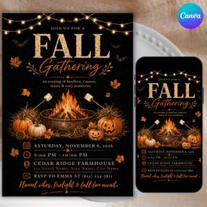 Może przedstawiać: Czarny szablon zaproszenia na jesienne spotkanie z ogniskiem, dyniami i światełkami. Tekst zawiera JOIN US FOR A FALL GATHERING, an evening of bonfires, s'mores, music & cozy memories, datę, godzinę, lokalizację oraz szczegóły dotyczące RSVP.