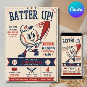 Puede incluir: Una invitación de cumpleaños con temática de béisbol que muestra un personaje de pelota de béisbol con un bate. El texto dice BATTER UP! STEP UP TO THE PLATE FOR A HOME RUN CELEBRATION! JOIN US FOR WILSON'S 8th BIRTHDAY BASH! SÁBADO 21 DE JUNIO DE 2026.