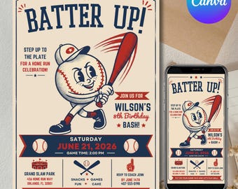 Retro Baseball Birthday Invitation, Vintage Baseball Party Invite, Sports Birthday Invitation, All Star Birthday, Canva Editable