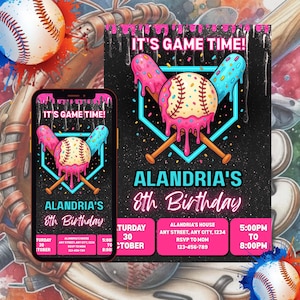 May include: A baseball-themed birthday invitation and phone screen featuring a baseball with pink, blue, and white accents, crossed bats, and the text "IT'S GAME TIME!" The invitation includes the name "ALANDRIA'S" and "8th Birthday".
