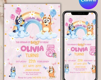 Invitación de cumpleaños de Bluey, invitación en video de Bluey, invitación de Bluey, video de invitación animado de Bluey, invitación digital de cumpleaños en video, editable en Canva