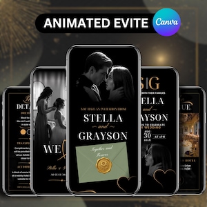 May include: A digital animated evite displayed on multiple smartphones featuring a black and gold theme. The central screen shows a couple, the text "STELLA and GRAYSON", and a sage green envelope with a gold wax seal reading "Together and Forever".