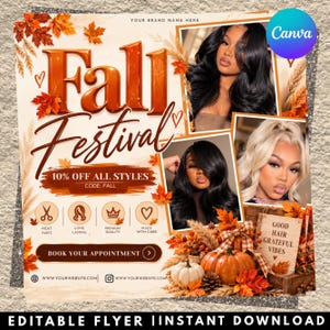 Può includere: Un modello di volantino digitale intitolato Fall Festival con foglie autunnali, zucche e due foto di persone con capelli acconciati. Il design include testo per uno sconto del 10%, icone per servizi di parrucchiere e un pulsante di prenotazione.