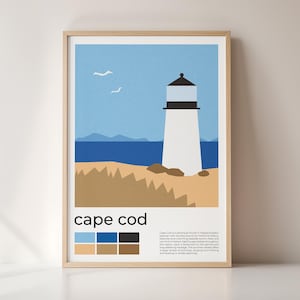 Póster de viaje de Cape Cod (Massachusetts, EE. UU.) / Arte mural minimalista moderno, impresión digital descargable