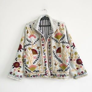 Handmade Cotton Velvet Embroidered Floral Suzani Jacket, Boho Cropped Coat, Folk Art Outerwear, Statement Jacket for Women