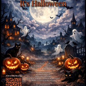 Op de afbeelding: Een digitale Halloween-illustratie met een volle maan, vleermuizen en een griezelig landschap met een spookhuis, geesten en pompoenen. De tekst "It's Halloween" staat bovenaan. Er is een QR-code aanwezig.