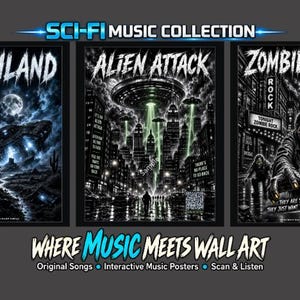 Può includere: Tre poster rettangolari intitolati SCI-FI MUSIC COLLECTION. Il poster a sinistra mostra una nave spaziale schiantata, quello centrale una città sotto attacco alieno e quello a destra zombie in una città. Ogni poster include testo e un QR code.