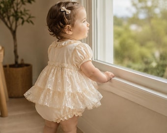 Cream Lace Baby Romper, Puff Sleeve Tiered Bubble Girls outfit