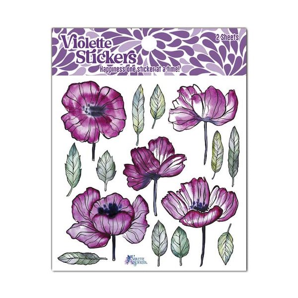 Purple Poppy Flower Stickers- 2 sheets