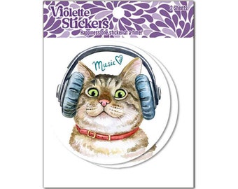 Cat with Headphones Vinyl Sticker - 2 pcs