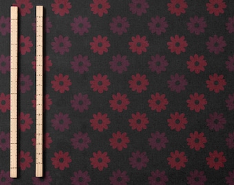 Red Plum Ditsy Daisy Pattern Fabric Dark Floral Cotton Fabric Burgundy Small Flower Print Black Background Lightweight Breathable Cotton