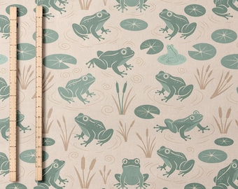 Teal Beige Frog Pond Fabric By Yard Cottagecore Frog Cotton Fabric Nature Inspired Nursery Material Combed Pima Cotton