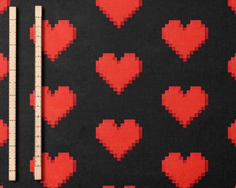 Pixel Red Hearts Fabric by the Yard Black Retro Valentine Cotton Fabric 8 Bit Heart Print Combed Pima Cotton Sewing Fabric