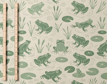 Green Frog Pond Fabric By Yard Frog Pattern Cotton Fabric Nature Inspired Nursery Material Cottagecore Pond Fabric Combed Pima Cotton