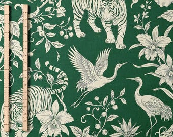 Tropical Tiger Floral Chinoiserie Fabric By Yard Green Botanical Tiger Fabric Crane Bird Cotton Fabric Combed Pima Cotton Jungle Toile