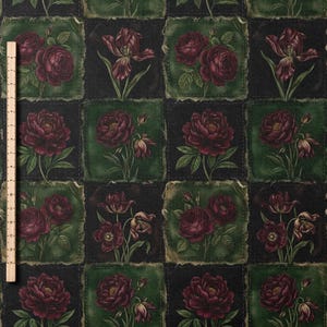 Victorian Gothic Rose Patchwork Fabric Combed Pima Cotton Dark Floral Quilt Print Antique Botanical Burgundy Green Moody Vintage Textile
