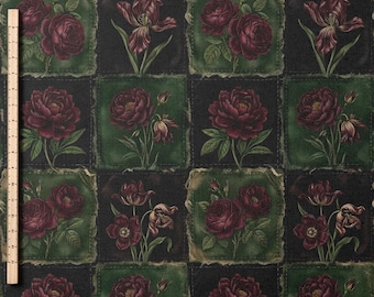Tkanina patchworkowa w stylu wiktoriańskim, gotycka, różowa, czesana bawełna Pima, ciemny kwiatowy nadruk, antyczny botaniczny bordowy, zielony, nastrojowy, vintage