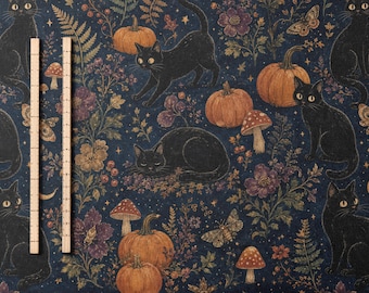 Halloween svart katttyg i metervara gotiskt pumpatryck häxig höstquiltning bomull