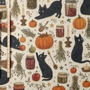 Halloween Black Cat Pumpkin Fabric by the Yard Witchy Autumn Harvest Cotton Sewing Print