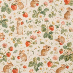 Strawberry Mouse Fabric by the Yard Vintage Cottagecore Mouse Fabric Strawberry Print Quilting Fabric Woodland Garden Cotton