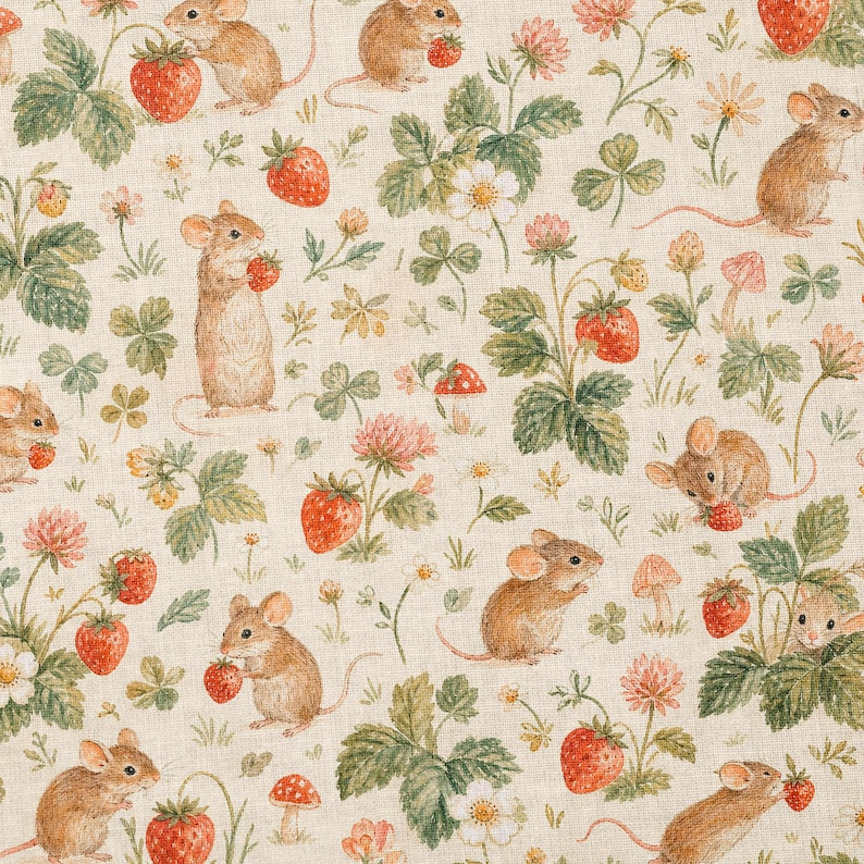 Strawberry Mouse Fabric by the Yard Vintage Cottagecore Mouse Fabric Strawberry Print Quilting Fabric Woodland Garden Cotton
