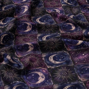 Celestial Moon Sun Patchwork Fabric Combed Pima Cotton Whimsigoth Gothic Quilt Style Indigo Plum Star Pattern Vintage Occult Aesthetic