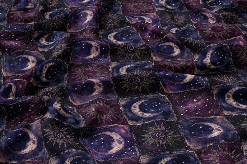 Celestial Moon Sun Patchwork Fabric Combed Pima Cotton Whimsigoth Gothic Quilt Style Indigo Plum Star Pattern Vintage Occult Aesthetic