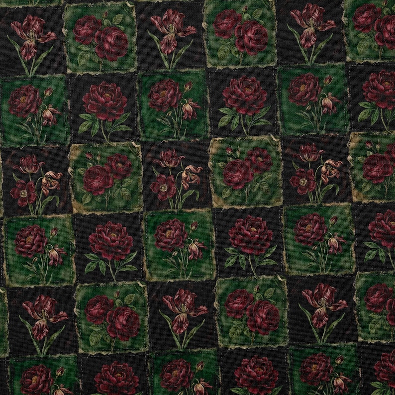 Victorian Gothic Rose Patchwork Fabric Combed Pima Cotton Dark Floral Quilt Print Antique Botanical Burgundy Green Moody Vintage Textile