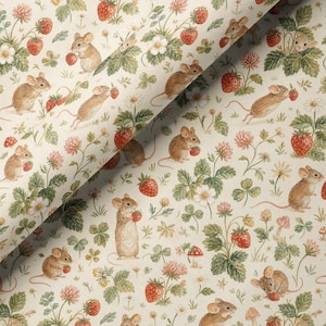 Strawberry Mouse Fabric by the Yard Vintage Cottagecore Mouse Fabric Strawberry Print Quilting Fabric Woodland Garden Cotton