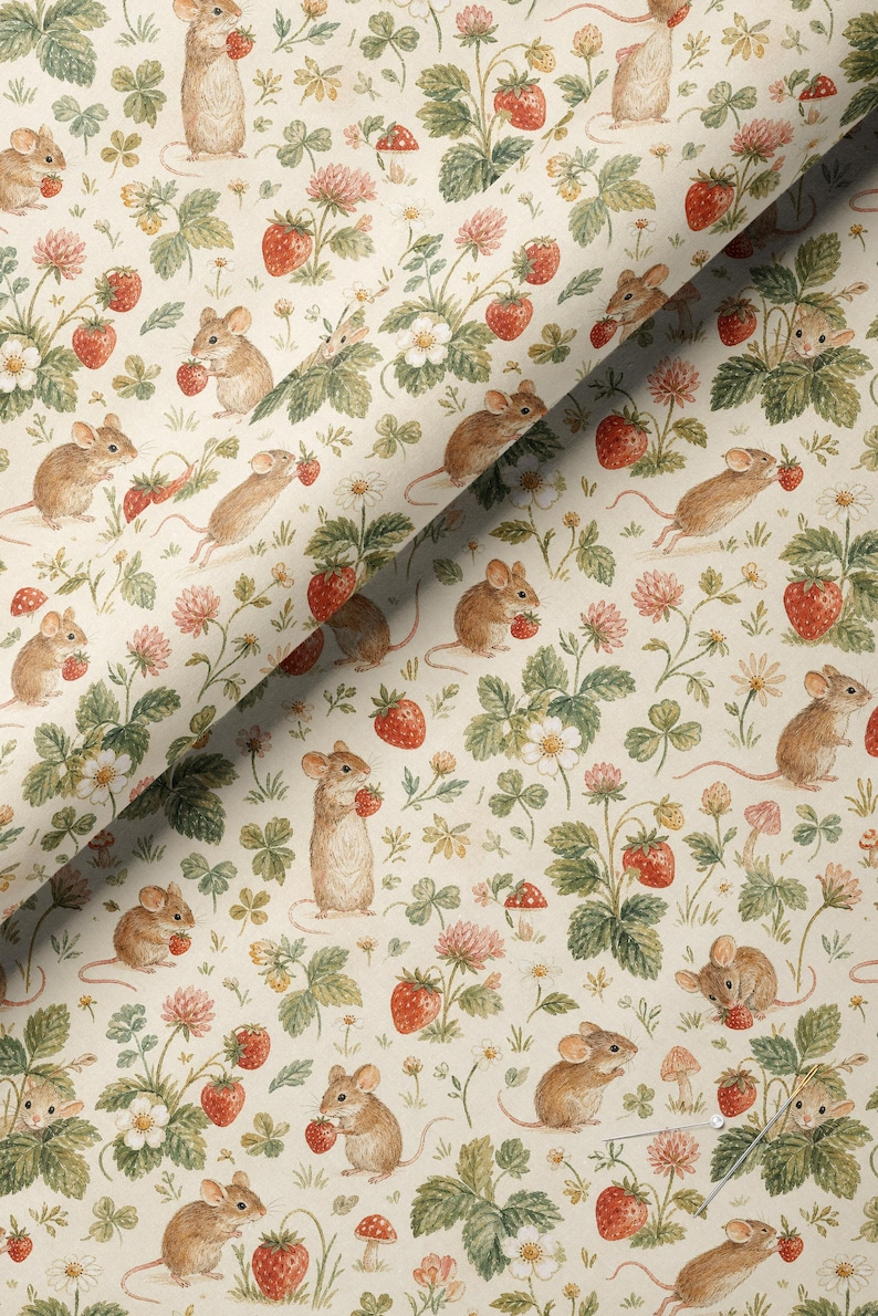 Strawberry Mouse Fabric by the Yard Vintage Cottagecore Mouse Fabric Strawberry Print Quilting Fabric Woodland Garden Cotton