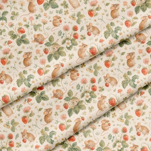 Strawberry Mouse Fabric by the Yard Vintage Cottagecore Mouse Fabric Strawberry Print Quilting Fabric Woodland Garden Cotton