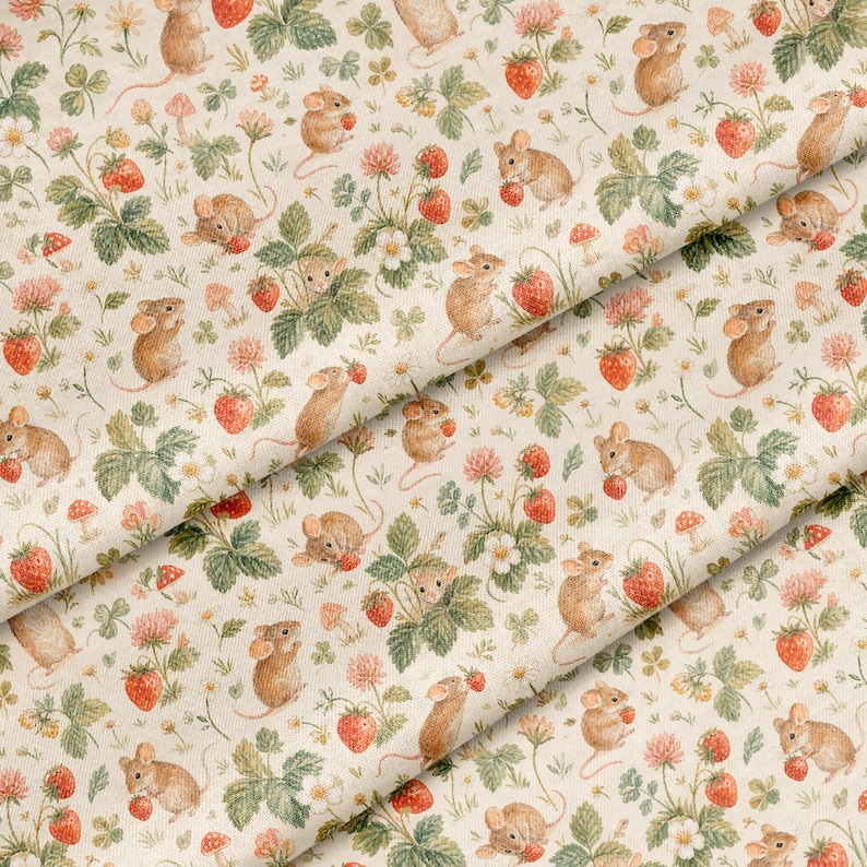 Strawberry Mouse Fabric by the Yard Vintage Cottagecore Mouse Fabric Strawberry Print Quilting Fabric Woodland Garden Cotton