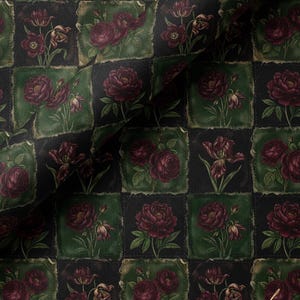 Victorian Gothic Rose Patchwork Fabric Combed Pima Cotton Dark Floral Quilt Print Antique Botanical Burgundy Green Moody Vintage Textile