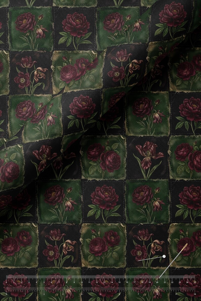 Victorian Gothic Rose Patchwork Fabric Combed Pima Cotton Dark Floral Quilt Print Antique Botanical Burgundy Green Moody Vintage Textile