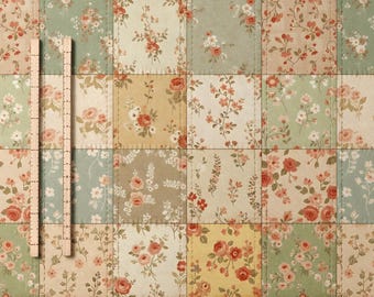 May include: A patchwork fabric design featuring floral patterns in shades of peach, cream, and green. The fabric is divided into squares, each with a different floral arrangement. A wooden ruler is placed vertically on the left side.