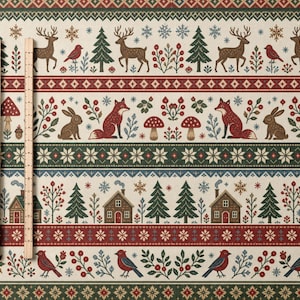 Scandinavian Christmas Woodland Fabric by the Yard Nordic Deer Fox Cardinal Cabin Cotton Polyester Folk Art Holiday Sewing Fabric