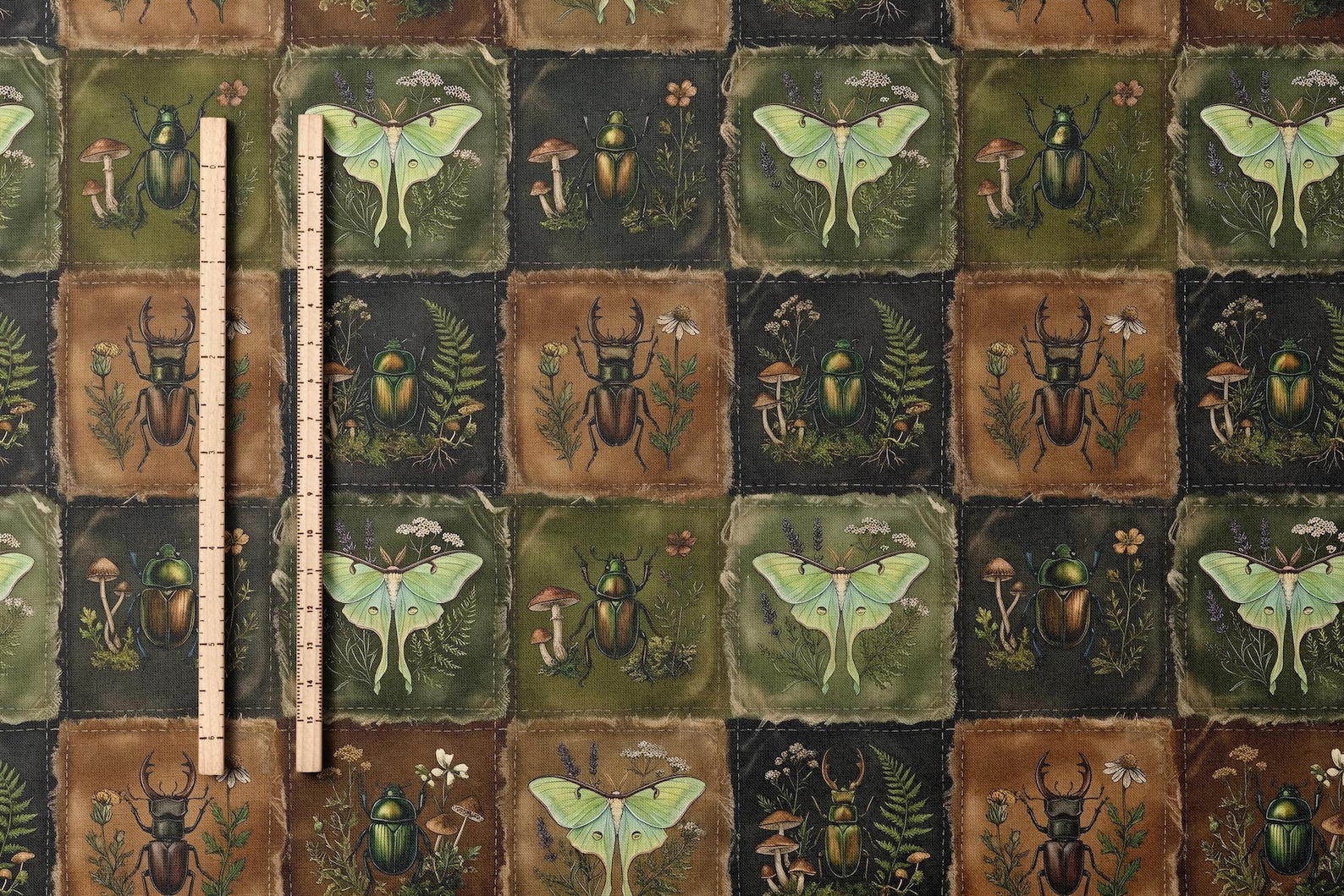 Vintage Botanical Moth Beetle Fabric Combed Pima Cotton Dark Apothecary ...