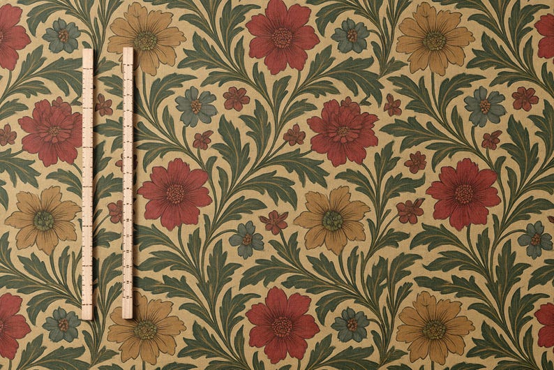 Vintage Floral Pattern Fabric William Morris Painting Style Pima Cotton Autumn Botanical Textile Cottagecore Sewing Home Decor